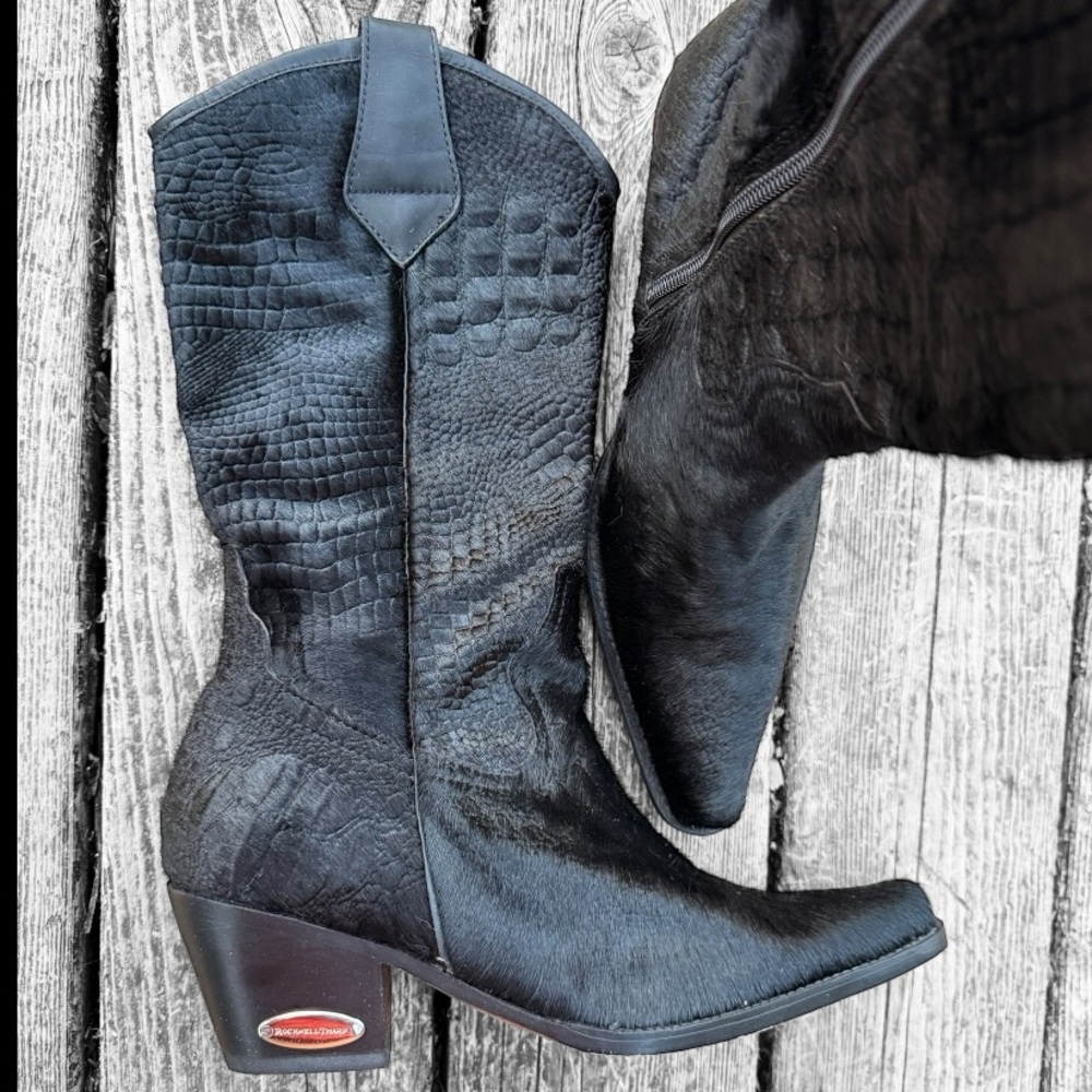 Rockwell Tharp Genuine Calf Hair Crocodile Embossed Pattern Western Style Boots - Picture 1 of 9